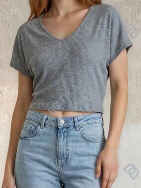 Light Blue Ribbed V-Neck Women's Top SO